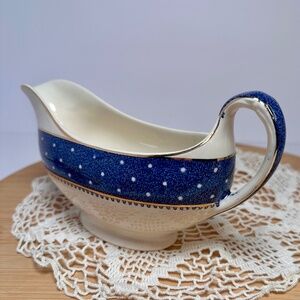 Vintage Staffordshire England Gravy Boat Blue & White 22K Gold Trim